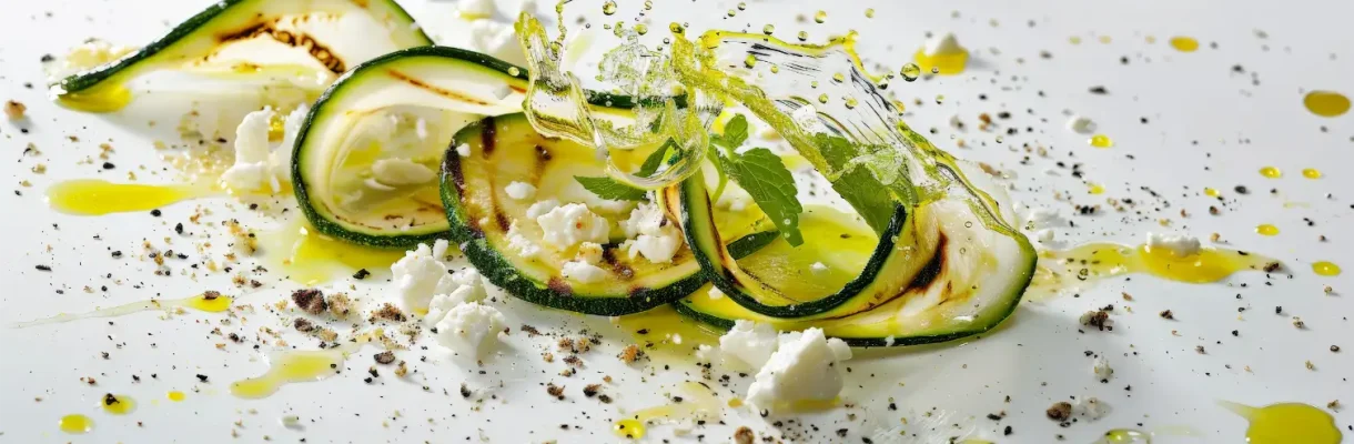 grilled-zucchini-ribbons-with-char-marks-floating-midair-with-lemon-olive-oil-drizzle-topped