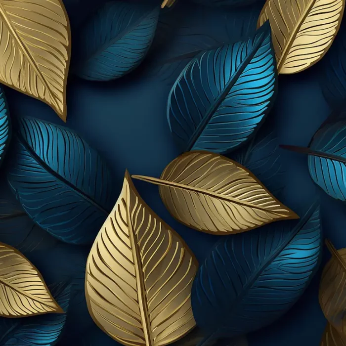 Luxury blue background with golden metal leaves generative ai