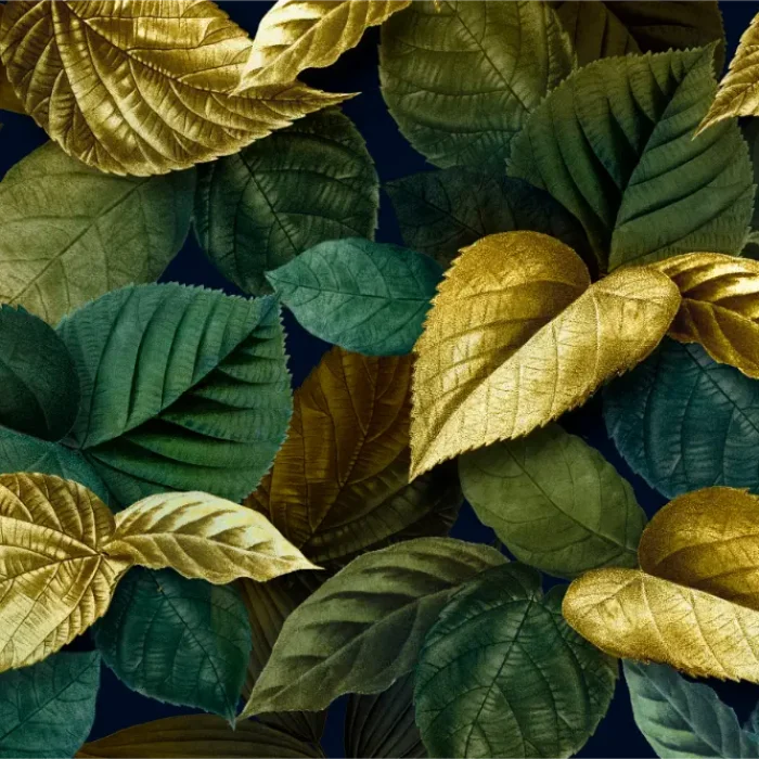 Metallic gold green leaves textured background